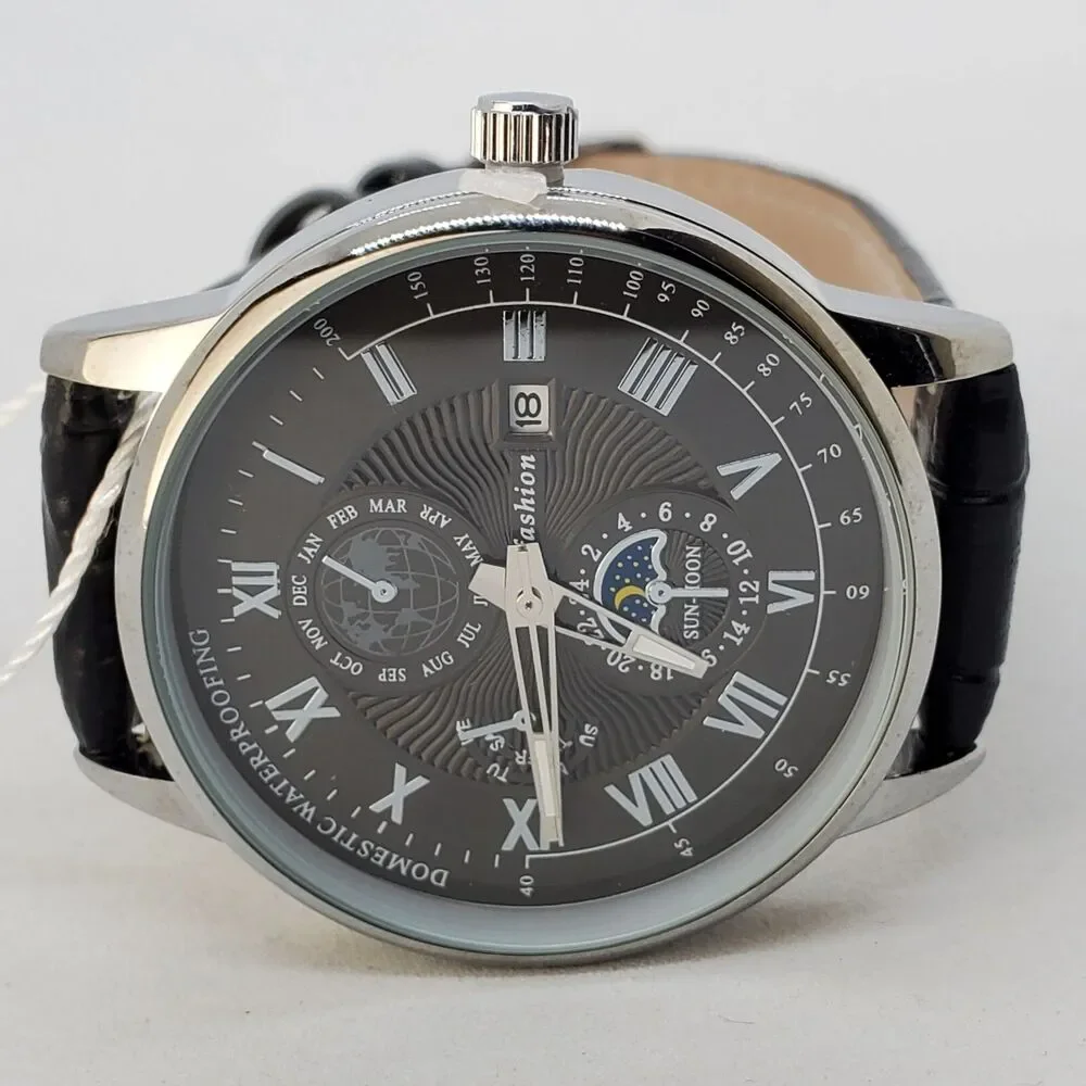40MM Men's‎ Watch Black Dial Gray Case Black Leather Bands Roman Numerals Date